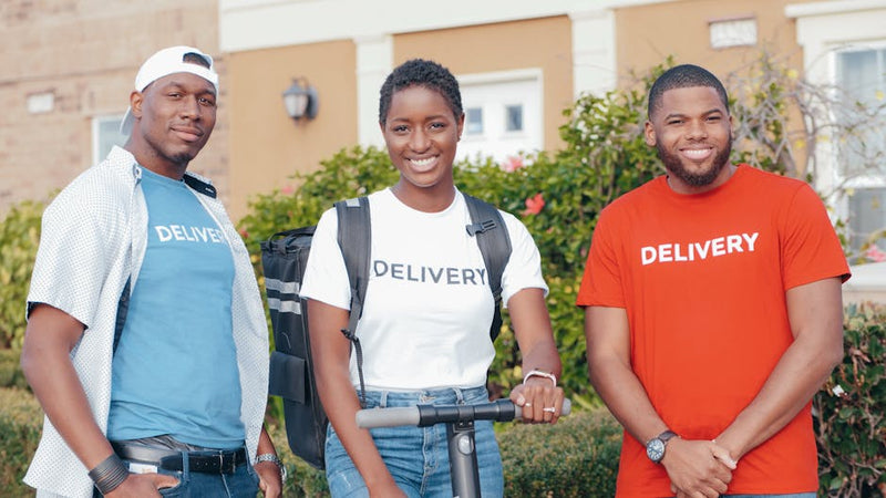 three different workers farm restaurant delivery rider diverse